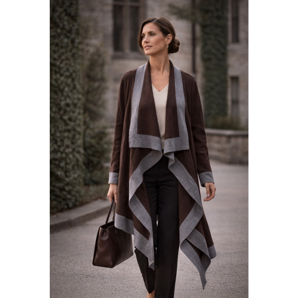 St John Collection Cardigan Women L Wool Waterfall Draped Knit Minimalist Brown
